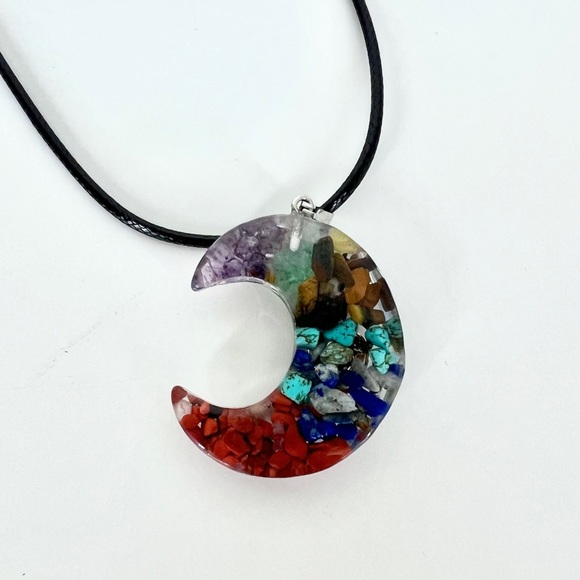 Handmade Resin Moon Shaped Multi Colored Stone Necklace - Picture 3 of 3